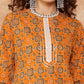 InWeave Women's Mustard Ethnic Print Lace Gota Work Straight Kurta - Swadesiicart