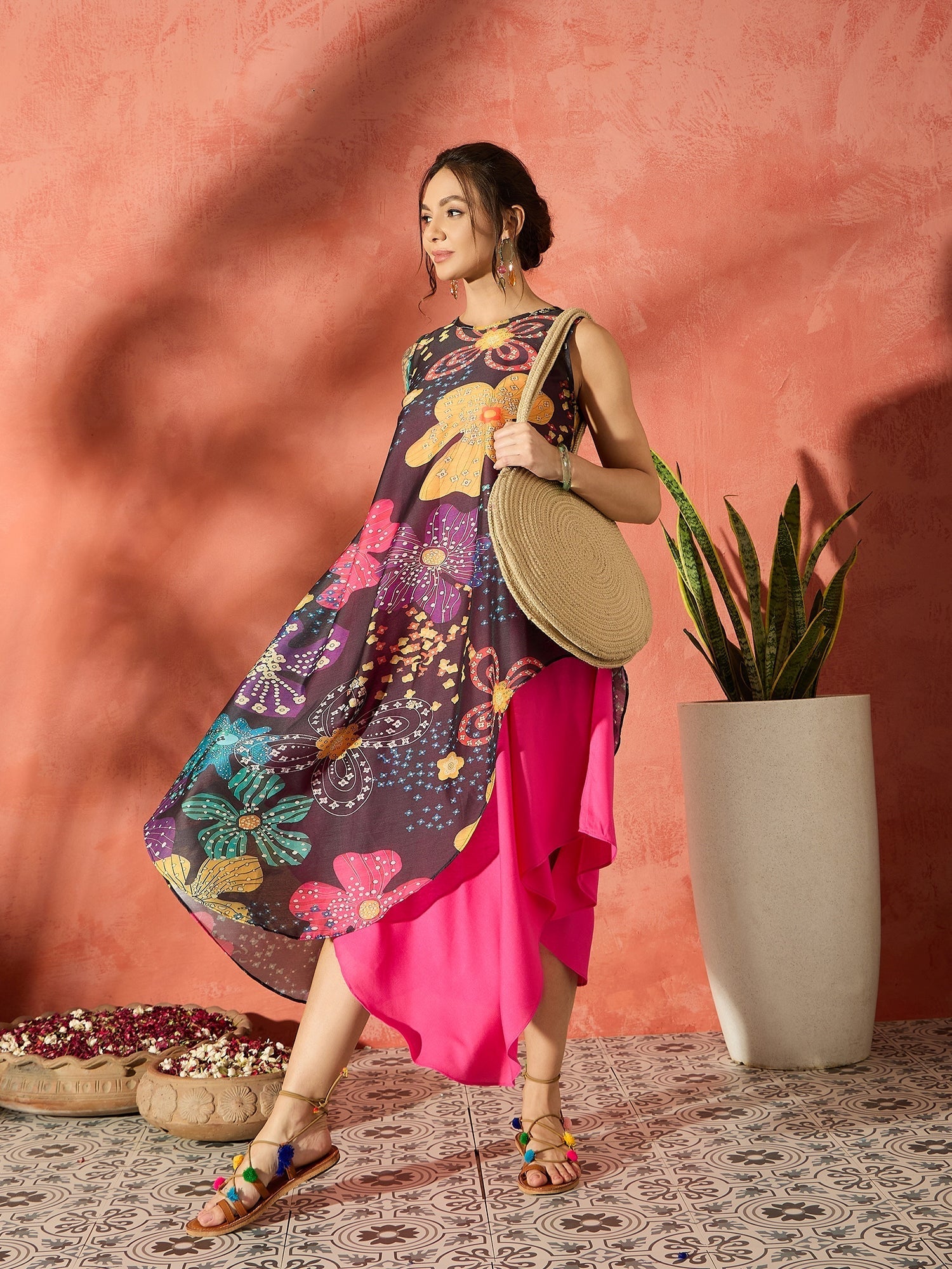 InWeave Black Floral Fuchsia Asymmetrical Dress - Swadesiicart