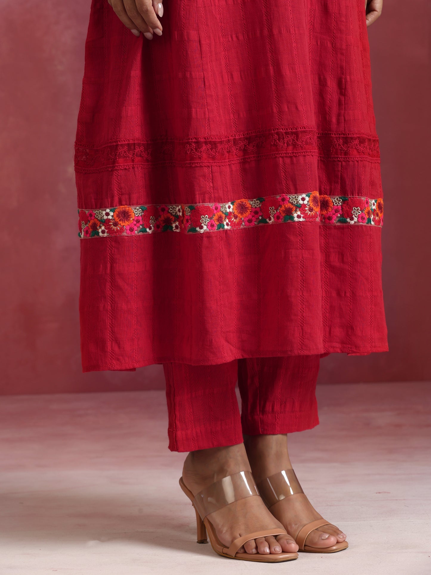trueBrowns Red Cotton Dobby Flared Kurta Set | Swadesiicart