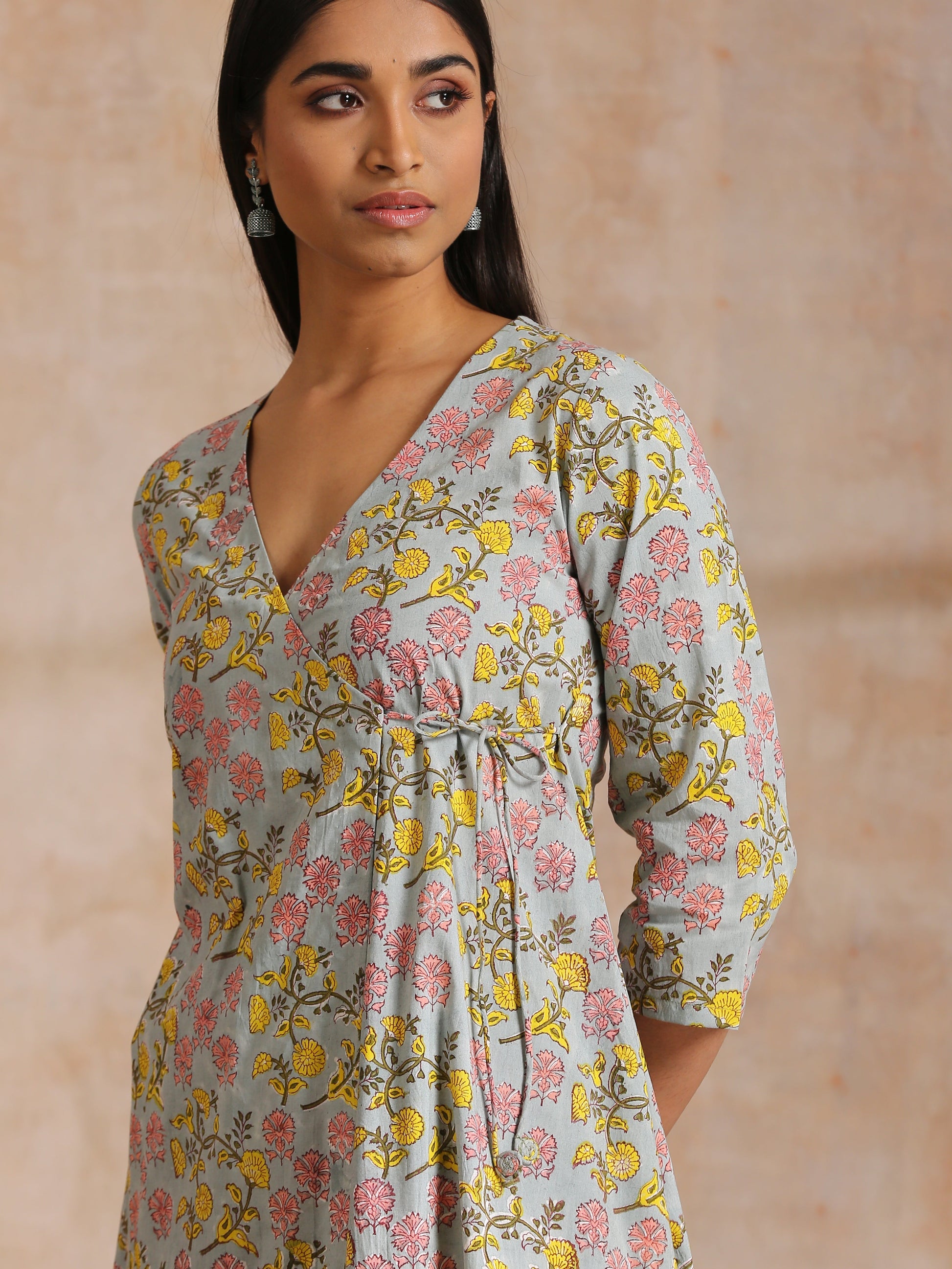 trueBrowns Grey Overall Floral Block Print Cotton Angrakha Kurta Pant Set | Swadesiicart