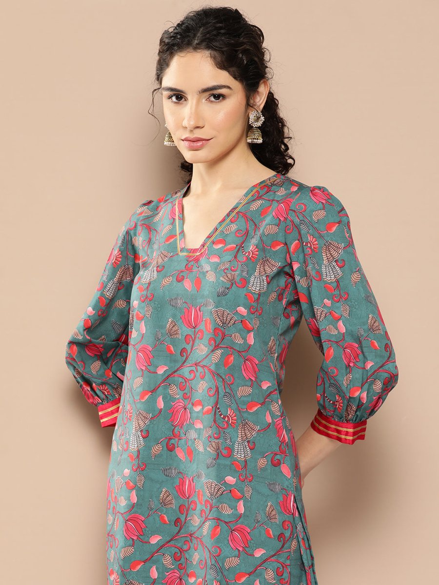 Ahalyaa Women Floral Printed Regular Gotta Patti Kurta with Trousers | Swadesiicart