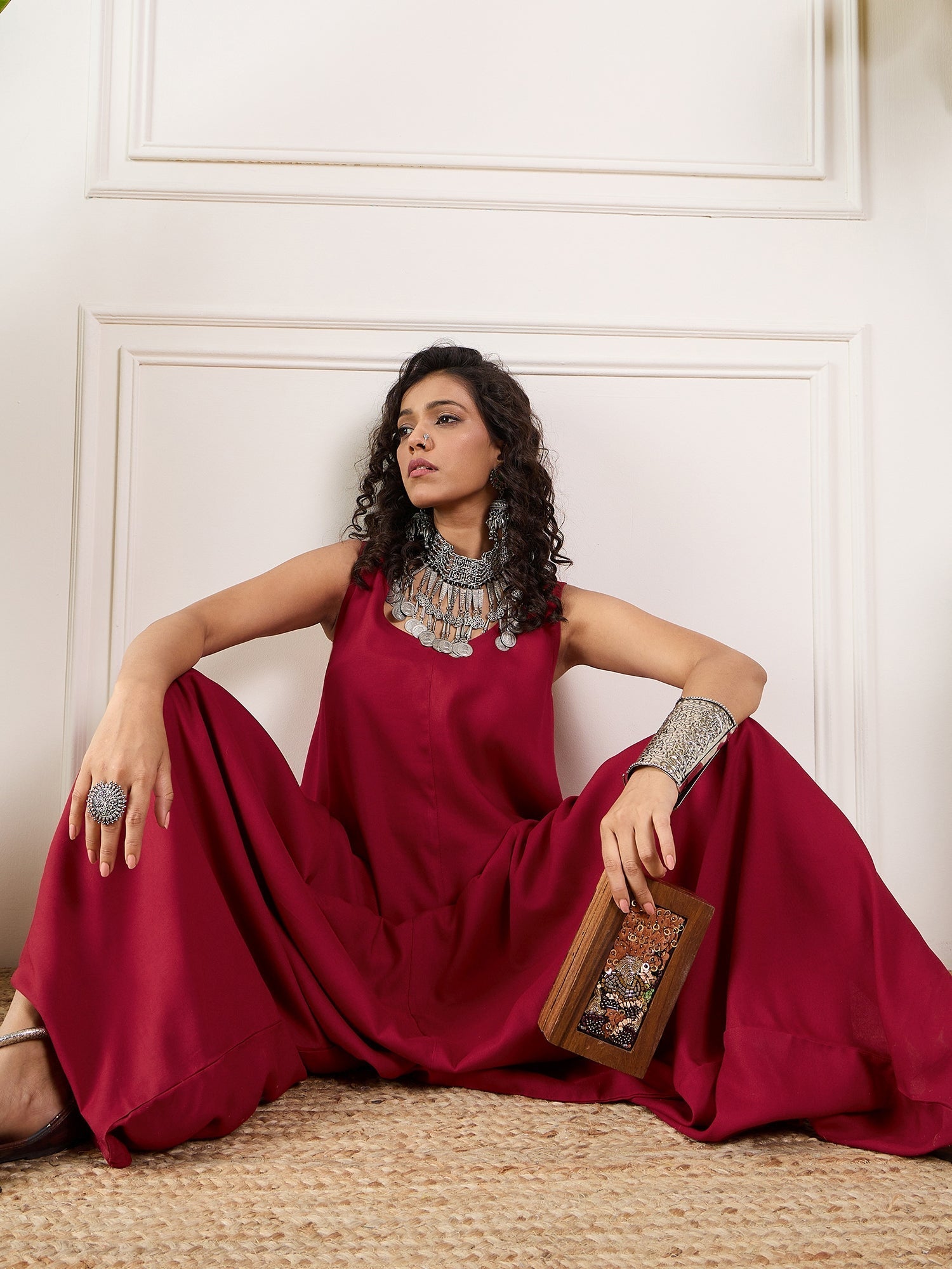 InWeave Maroon Round Sleeveless Jumpsuit - Swadesiicart