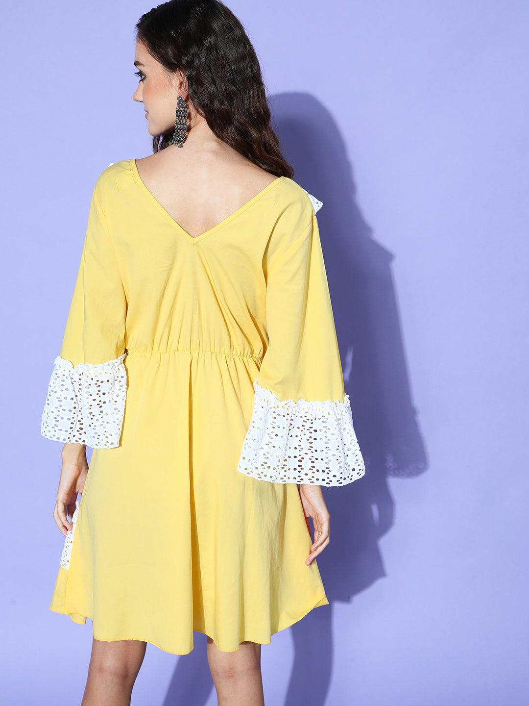 InWeave Women's Yellow Lacy Short Dress - Swadesiicart