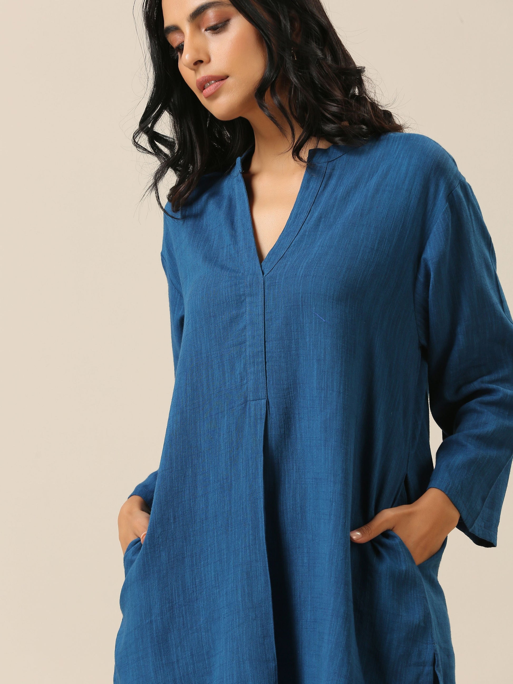 trueBrowns Classic Blue Slub Texture Relax Fit Co-Ord Set - Swadesiicart