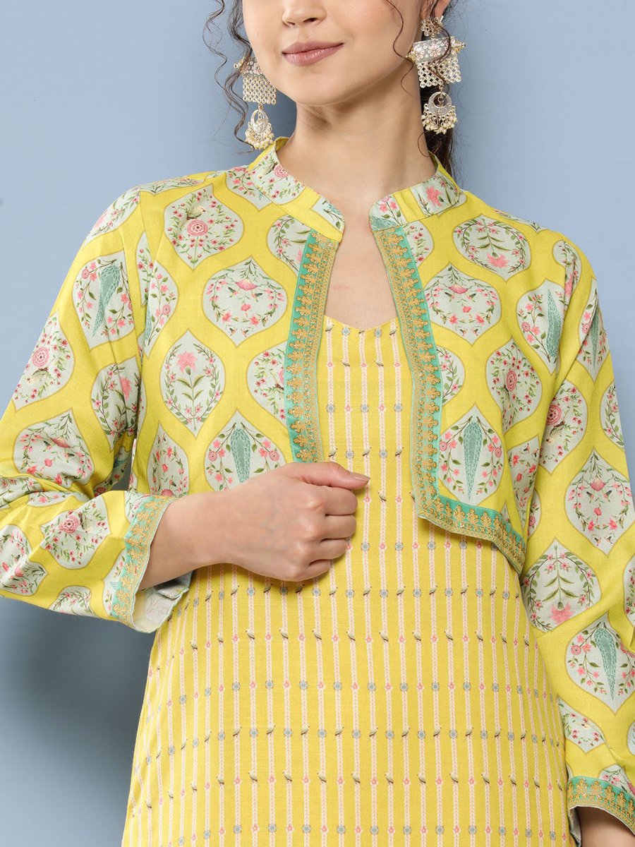 Ahalyaa Women Yellow Floral Printed Kurta with Trousers & Jacket | Swadesiicart