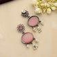 trueBrowns Silver Tone Pink Stone Dangle Earrings - Swadesiicart