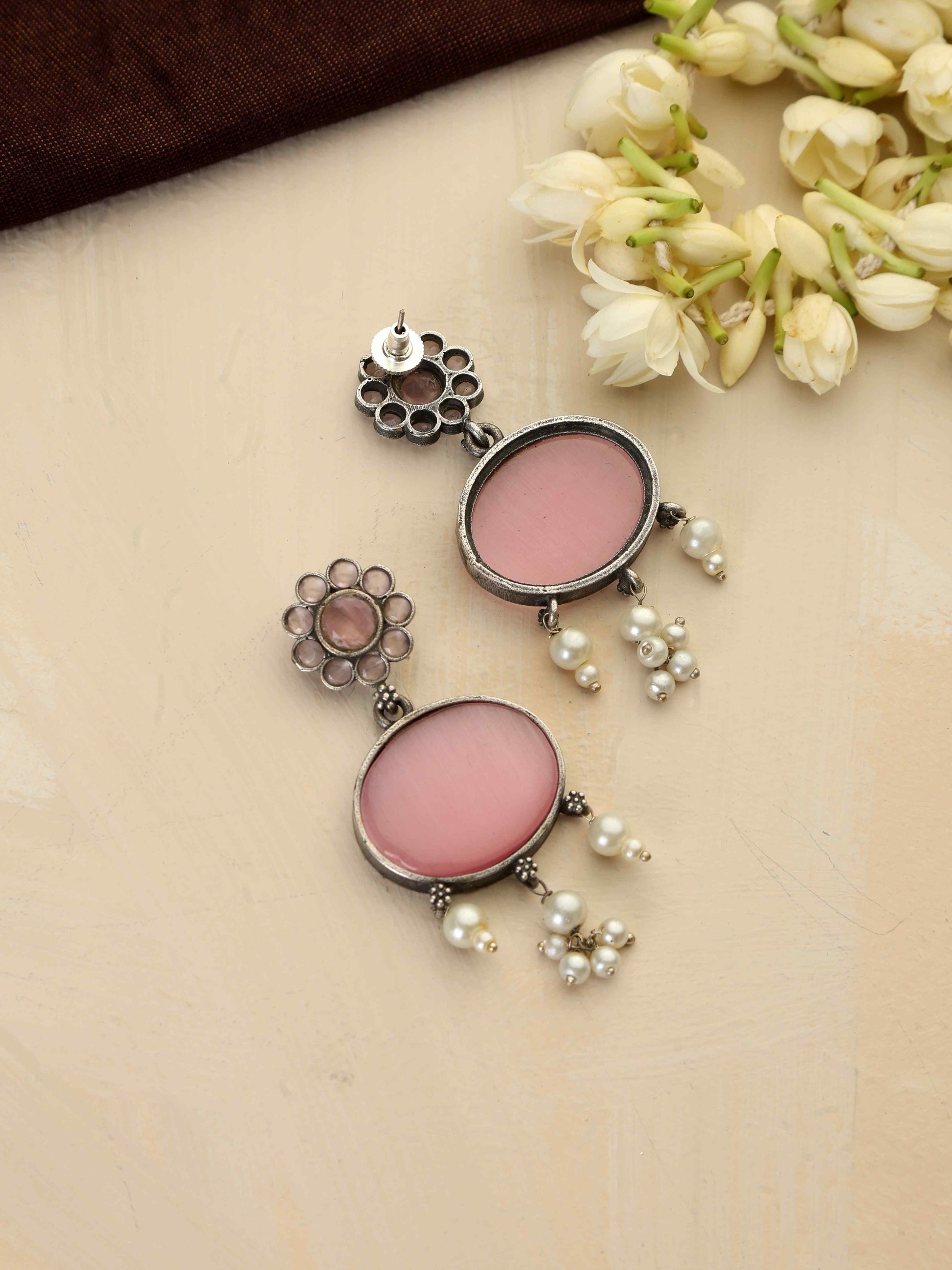 trueBrowns Silver Tone Pink Stone Dangle Earrings - Swadesiicart