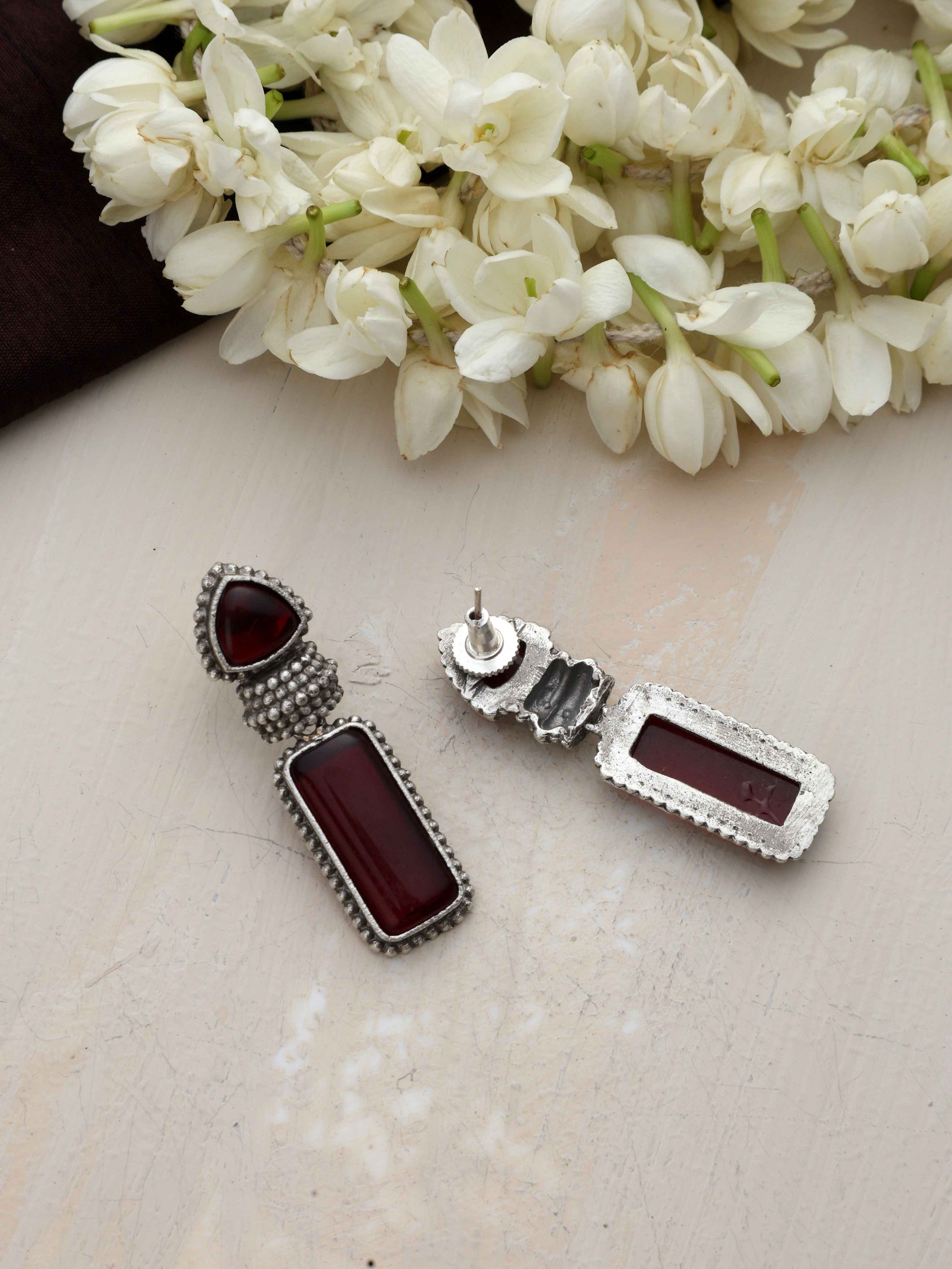 trueBrowns Silver tone Red Stone Drop Earrings - Swadesiicart