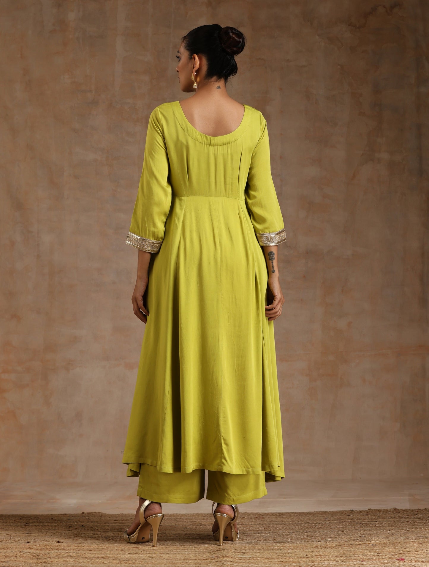 trueBrowns Lime Modal Satin Anarkali Set | Swadesiicart