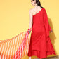 InWeave Women's Red Mirror Work One Shoulder Kurta Set With Dupatta - Swadesiicart