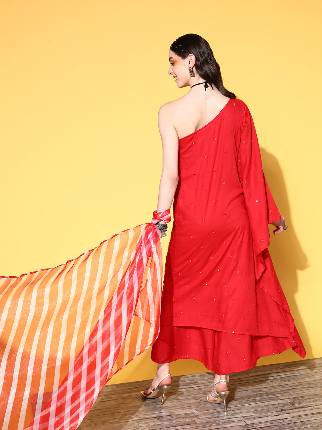 InWeave Women's Red Mirror Work One Shoulder Kurta Set With Dupatta - Swadesiicart