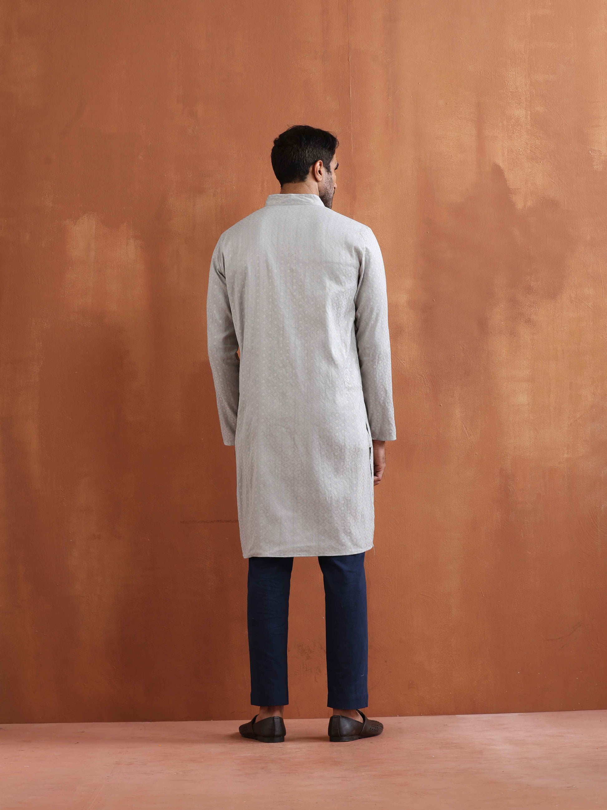 trueBrowns Men's Grey Chanderi Front Open Kurta | Swadesiicart