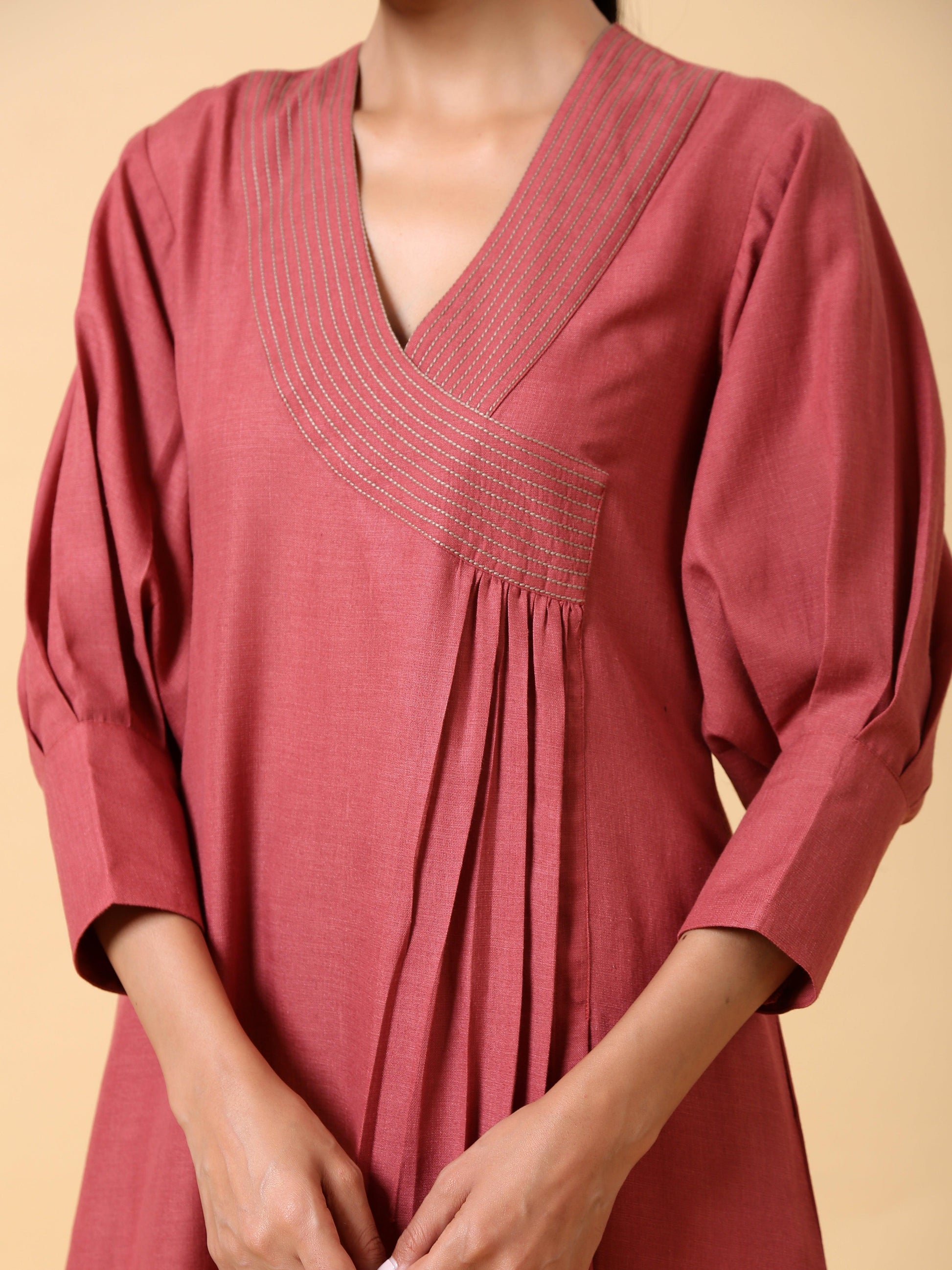 trueBrowns Cotton Linen Rust Red Kurta Pant Set | Swadesiicart