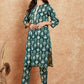 InWeave Women's Peacock Blue Ikkat Print Gota Work Straight Kurta Pant Set