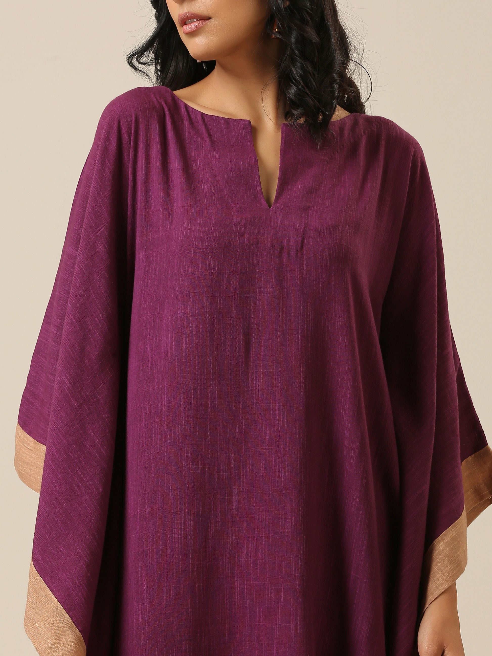 trueBrowns Plum Purple Slub Texture High Low Kaftan Pant Set | Swadesiicart