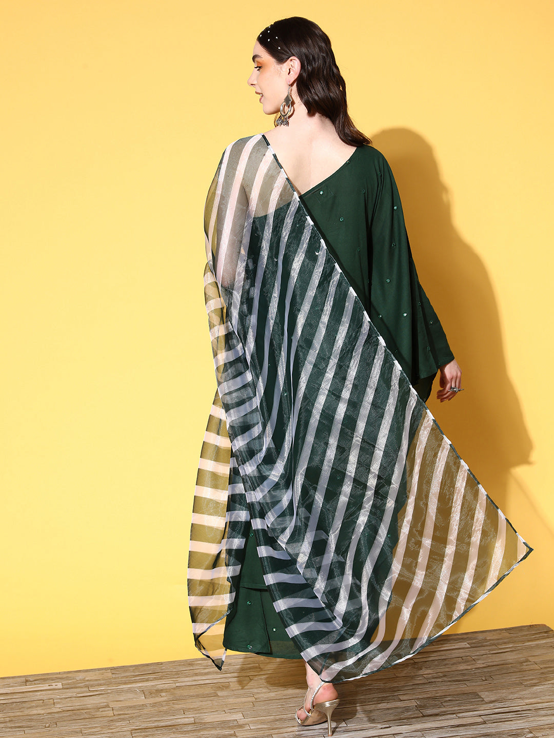 InWeave Women's Green Mirror Work One Shoulder Kurta Set With Dupatta - Swadesiicart