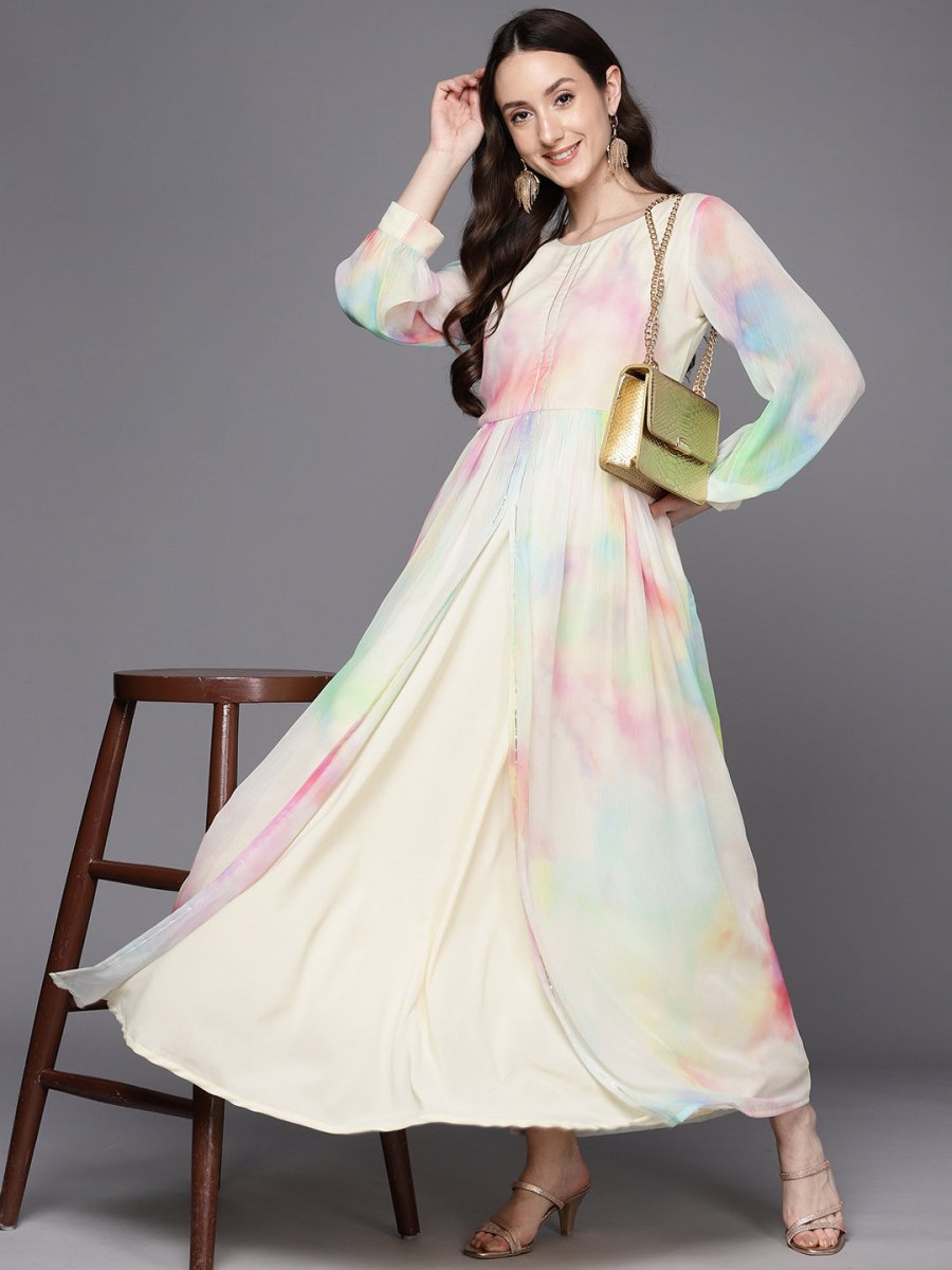 Ahalyaa Abstract Printed Gotta Patti Puff Sleeves Chiffon Maxi Ethnic Dress | Swadesiicart