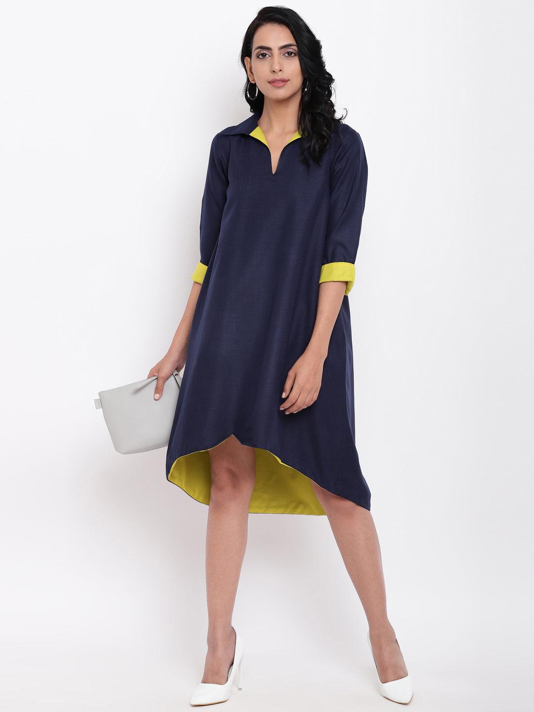 trueBrowns Linen Cotton Blue Collared Dress | Swadesiicart
