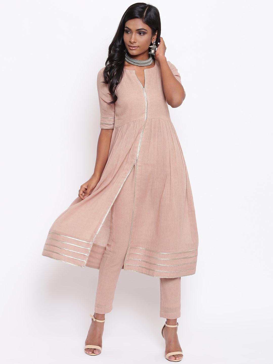 trueBrowns Pure Cotton Beige Gota Slit Kurta Set | Swadesiicart
