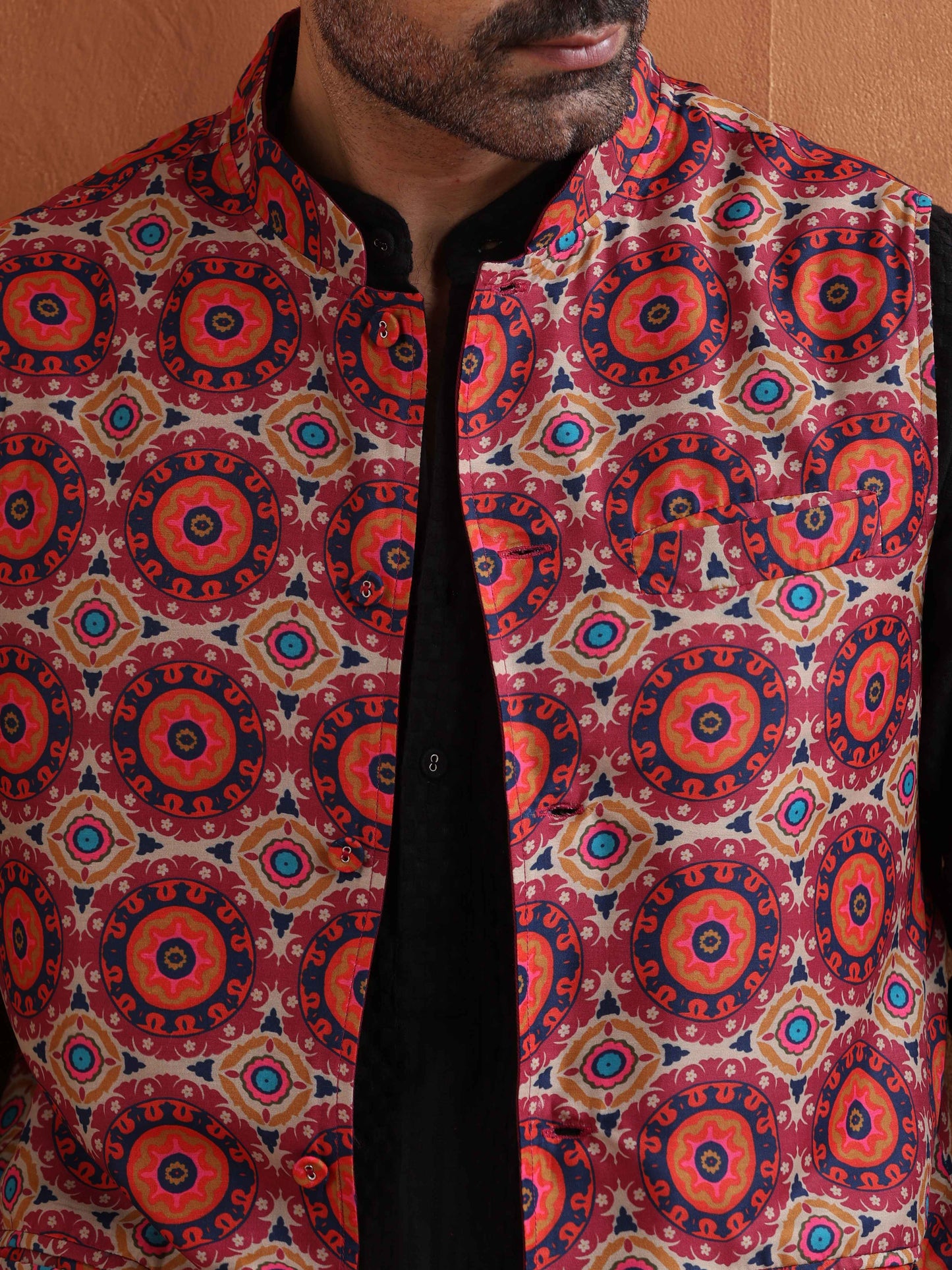 trueBrowns Men's Beige Printed Nehru Jacket | Swadesiicart