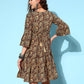 InWeave Women's Brown Kalamkari Print Short Dress - Swadesiicart