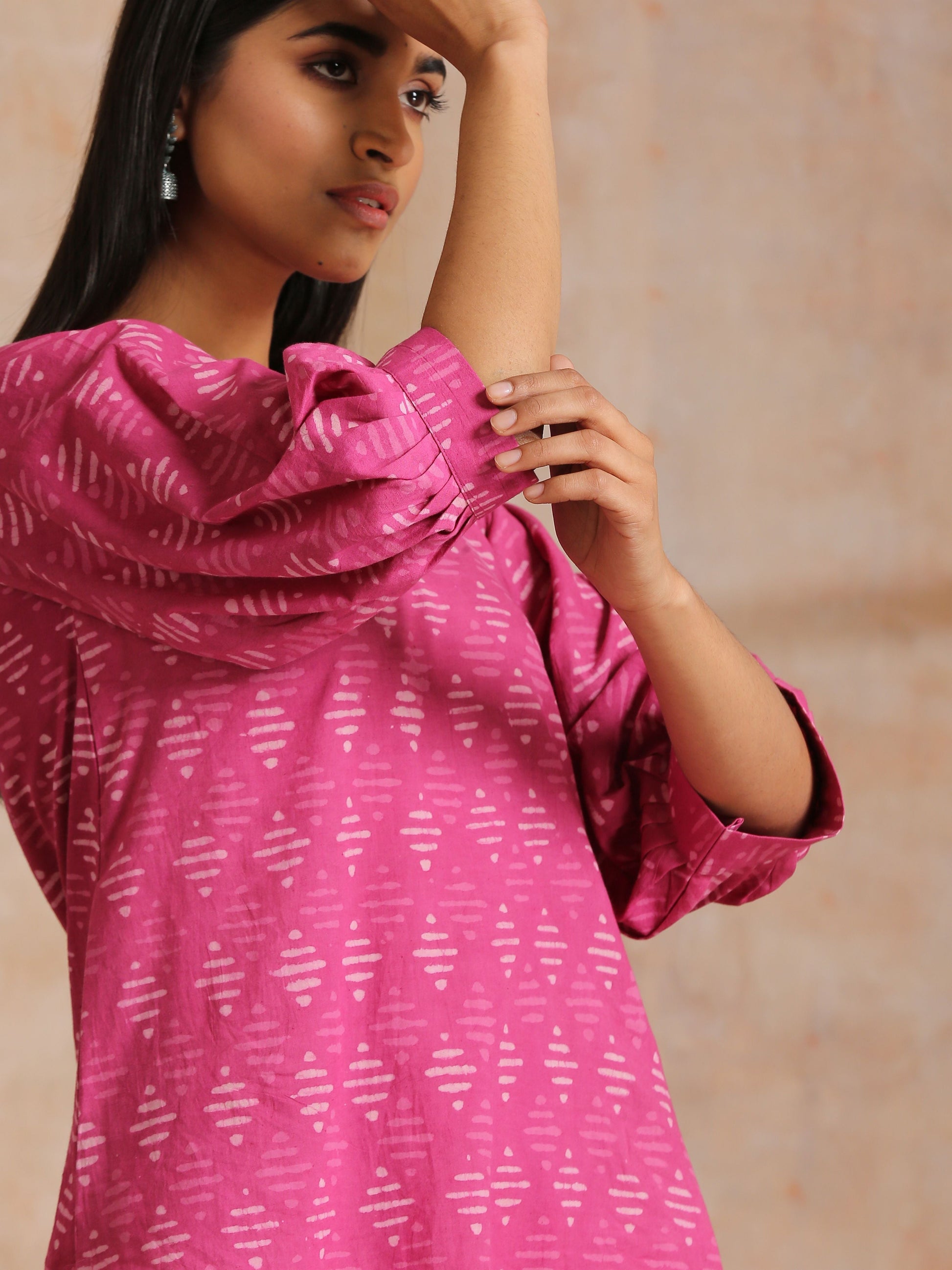 trueBrowns Pink Dabu Print Cotton Baggy Sleeve Co-Ord Set - Swadesiicart