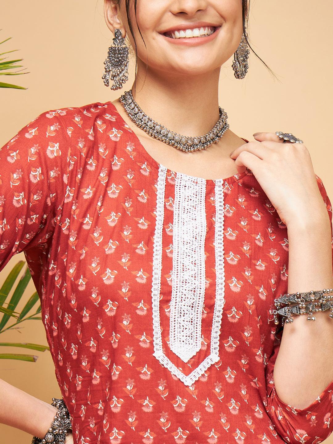 InWeave Women's Rust Small Floral Print Lace Straight Kurta Pant Set - Swadesiicart