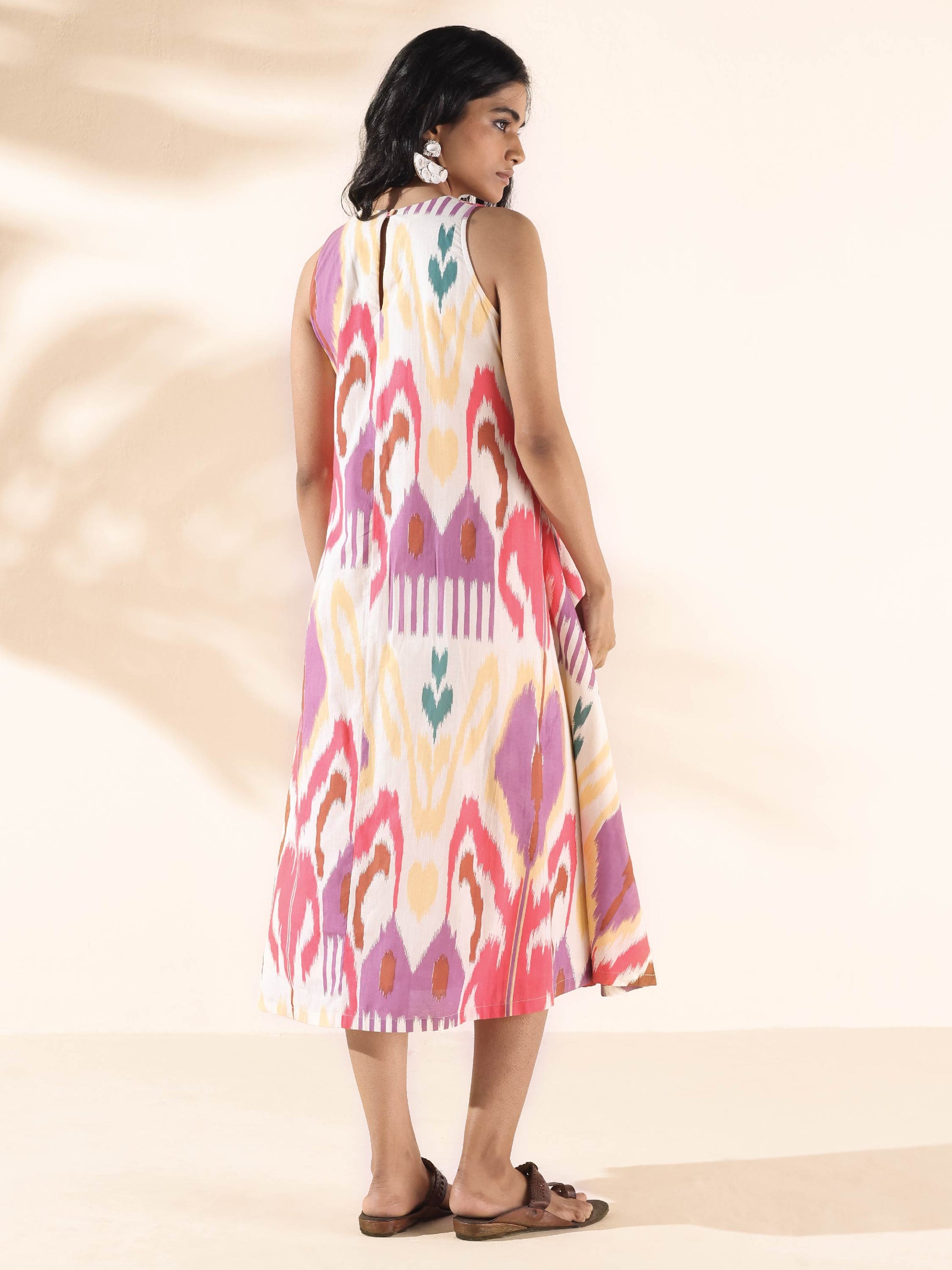 trueBrowns Pink Cotton Ikat Sleeveless Dress | Swadesiicart