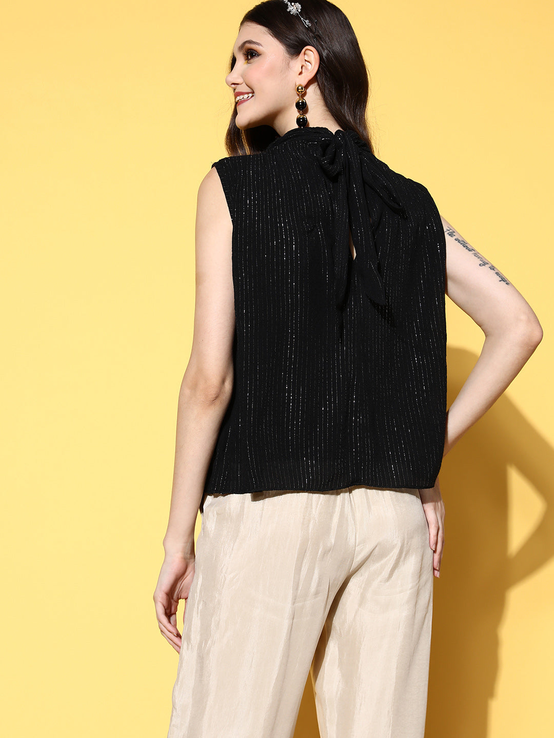 InWeave Women's Black Lurex Tie Up Top - Swadesiicart