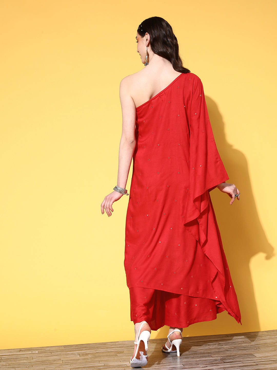 InWeave Women's Red Mirror Work One Shoulder Kurta Set - Swadesiicart