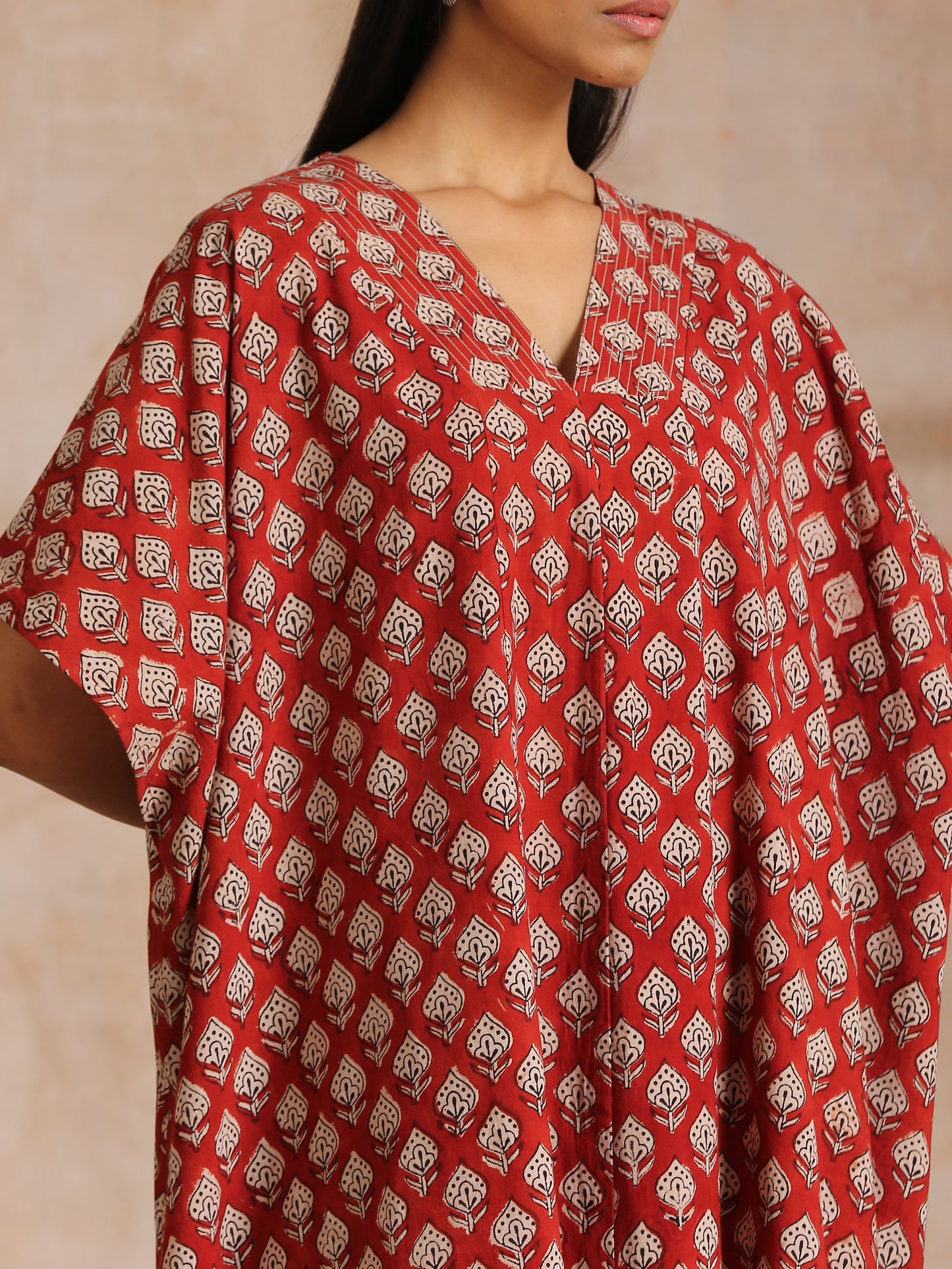 trueBrowns Rust Red Bagru Floral Print Cotton Panel Kaftan Kurta Pant Set | Swadesiicart