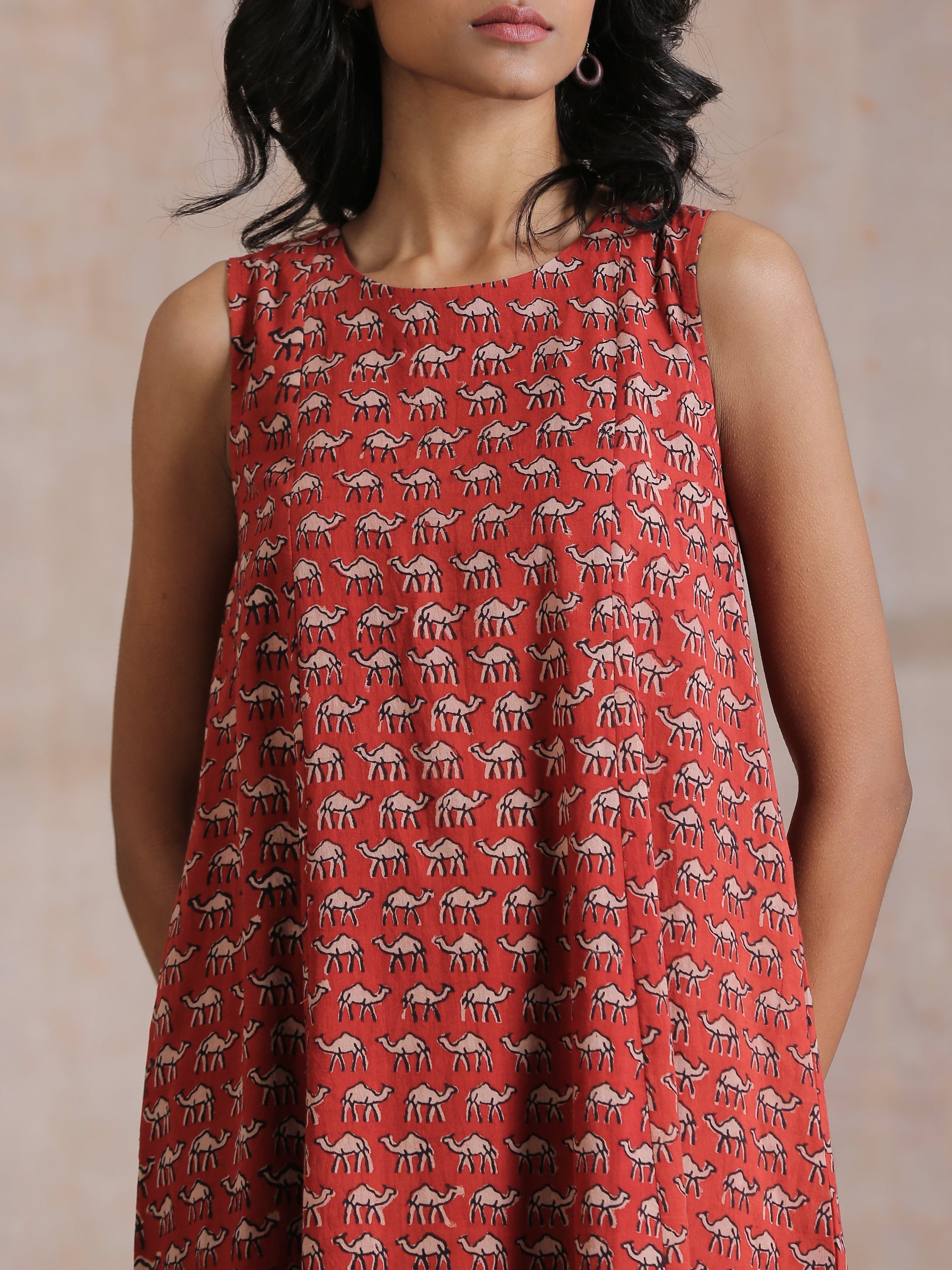 trueBrowns Rust Red Bagru Camel Print Cotton High-Low Co-Ord Set - Swadesiicart