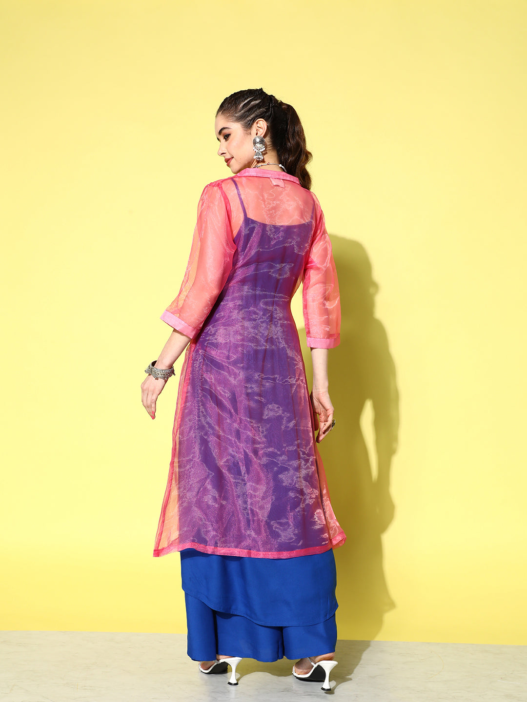 InWeave Women's Ink Blue Strappy Kurta Set With Pink Organza Cape - Swadesiicart