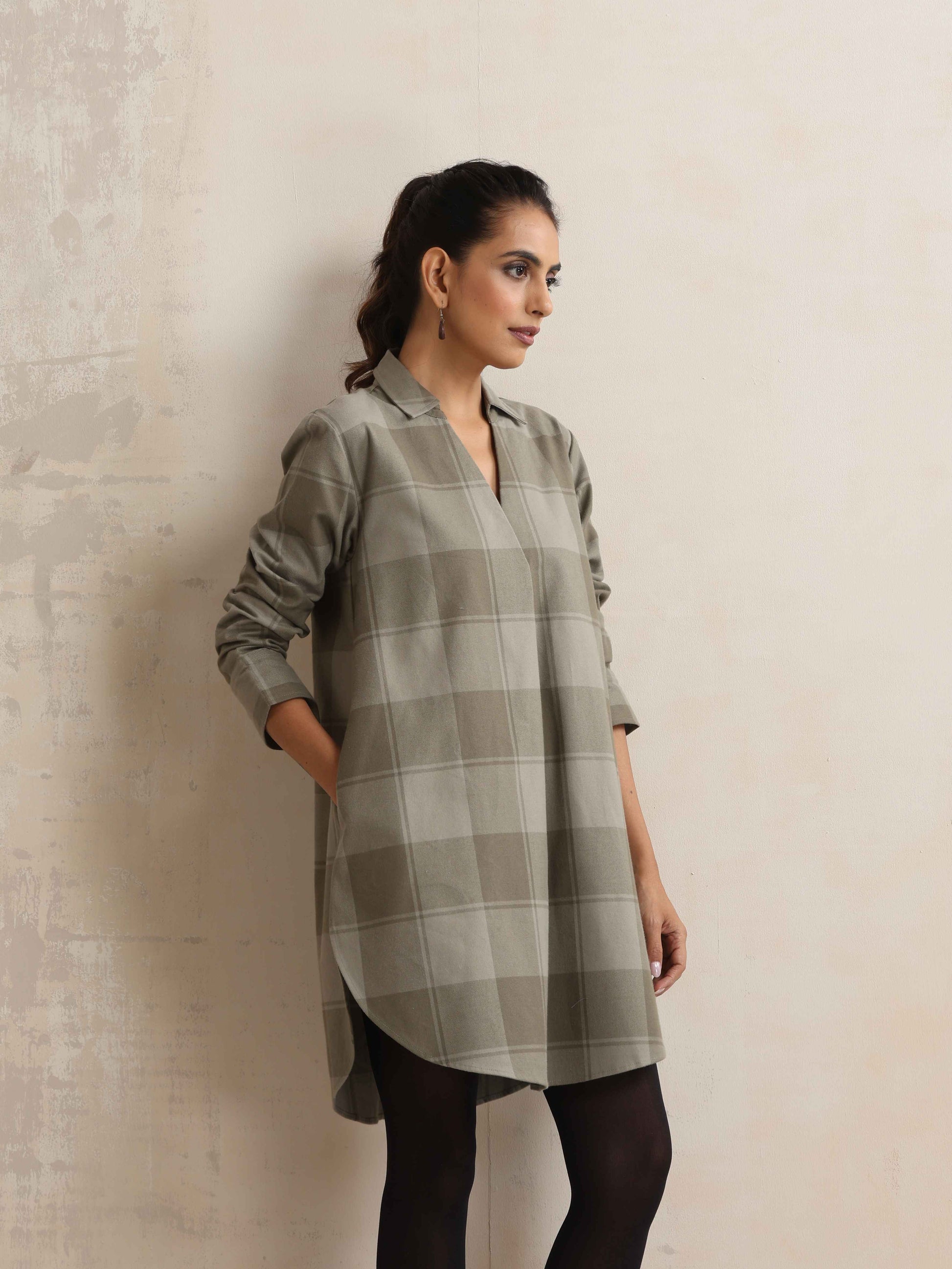 trueBrowns Green Check Pleated Winter Top | Swadesiicart