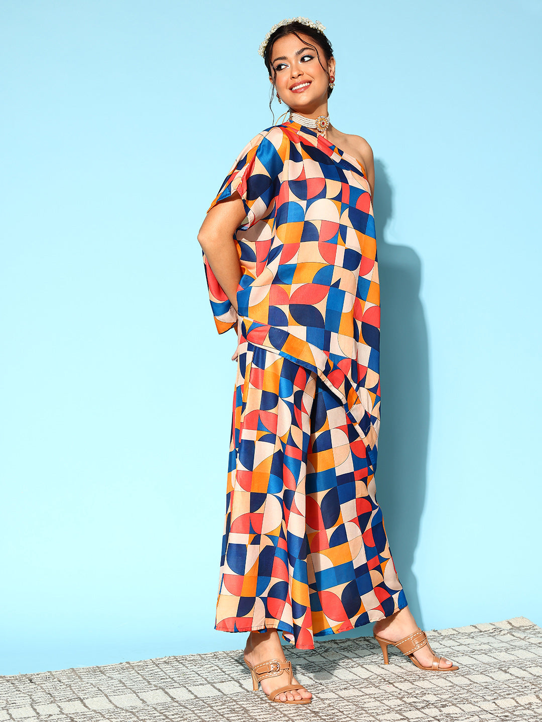 InWeave Women's Multi Geometric Print One Shoulder Top With Palazzo Set - Swadesiicart