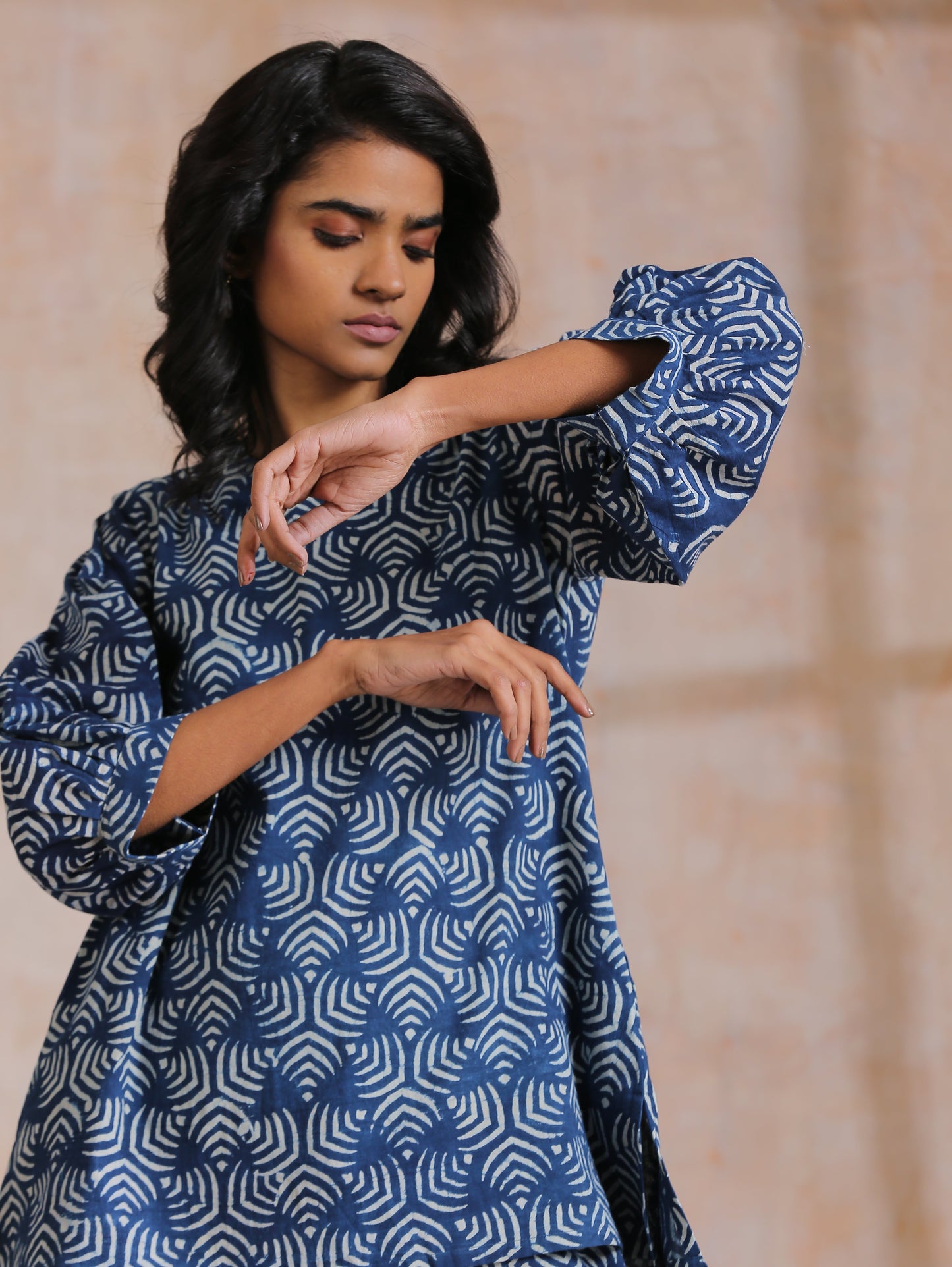 trueBrowns Indigo Dabu Overall Print Cotton Baggy Sleeve Co-Ord Set - Swadesiicart