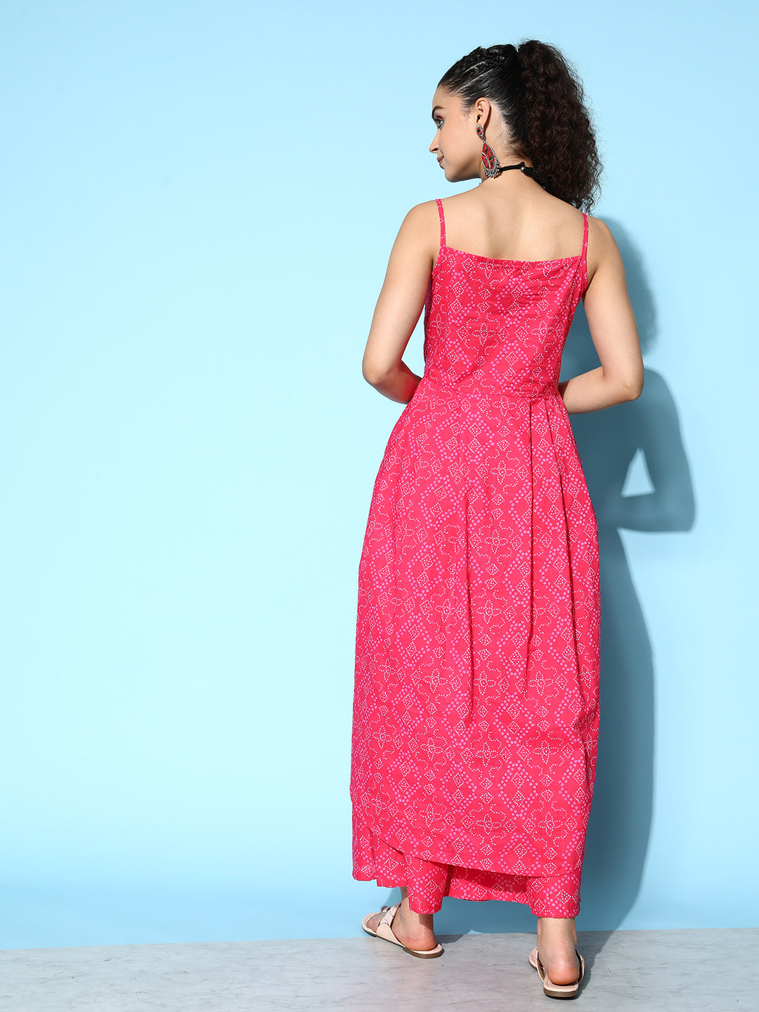 InWeave Women's Pink Bandhani Strappy Kurta Set - Swadesiicart