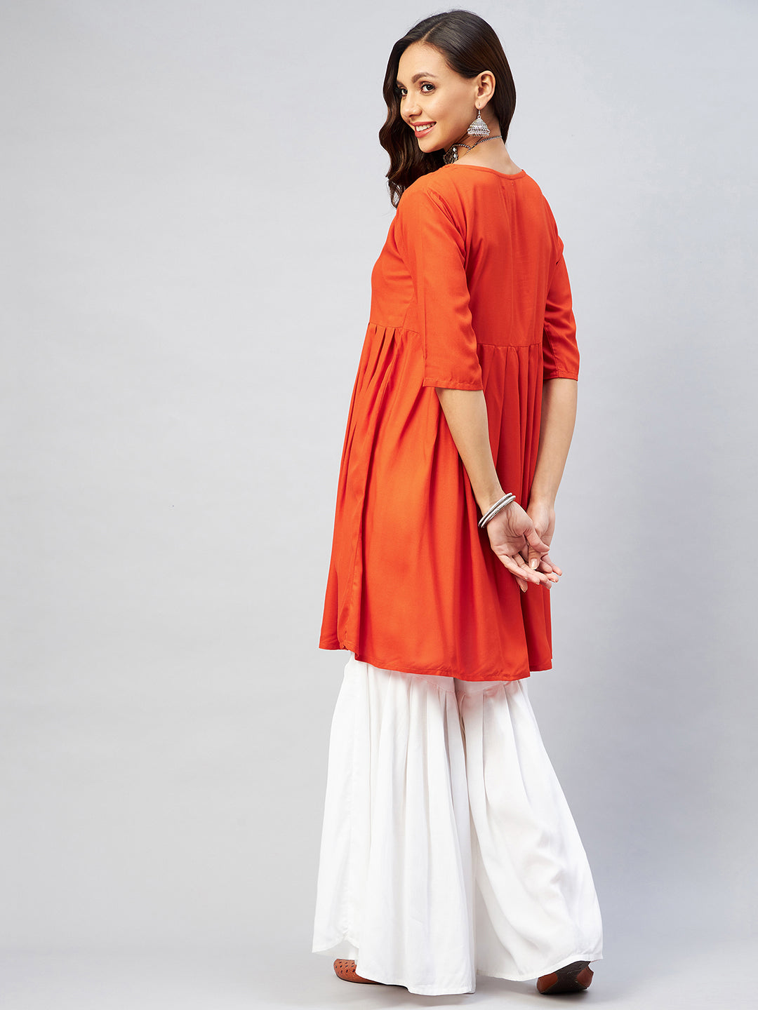 InWeave Women's Orange Short Anarkali Kurta - Swadesiicart