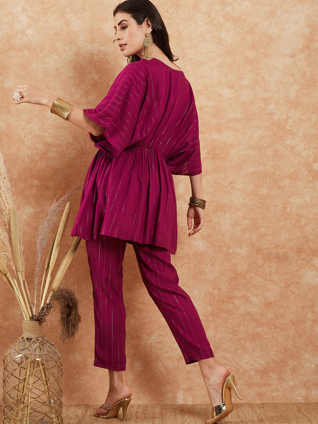 InWeave Women's Magenta Lurex V Neck Gota Kaftan Style Kurta Set - Swadesiicart