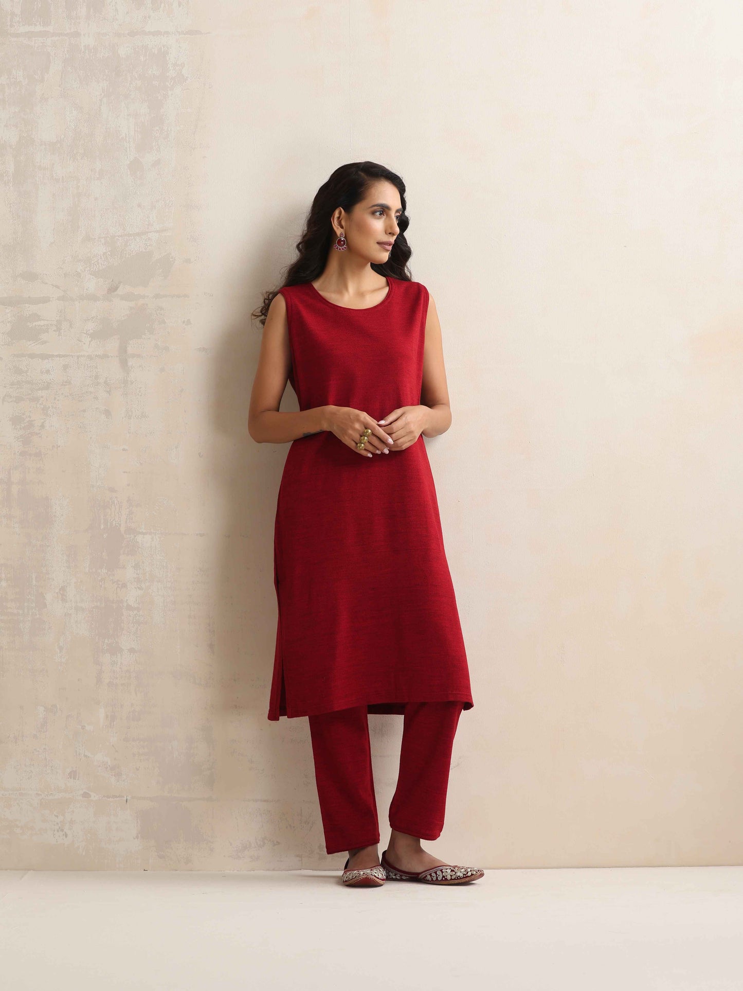 trueBrowns Red Kashmiri Woollen Jacket 3pc Set | Swadesiicart