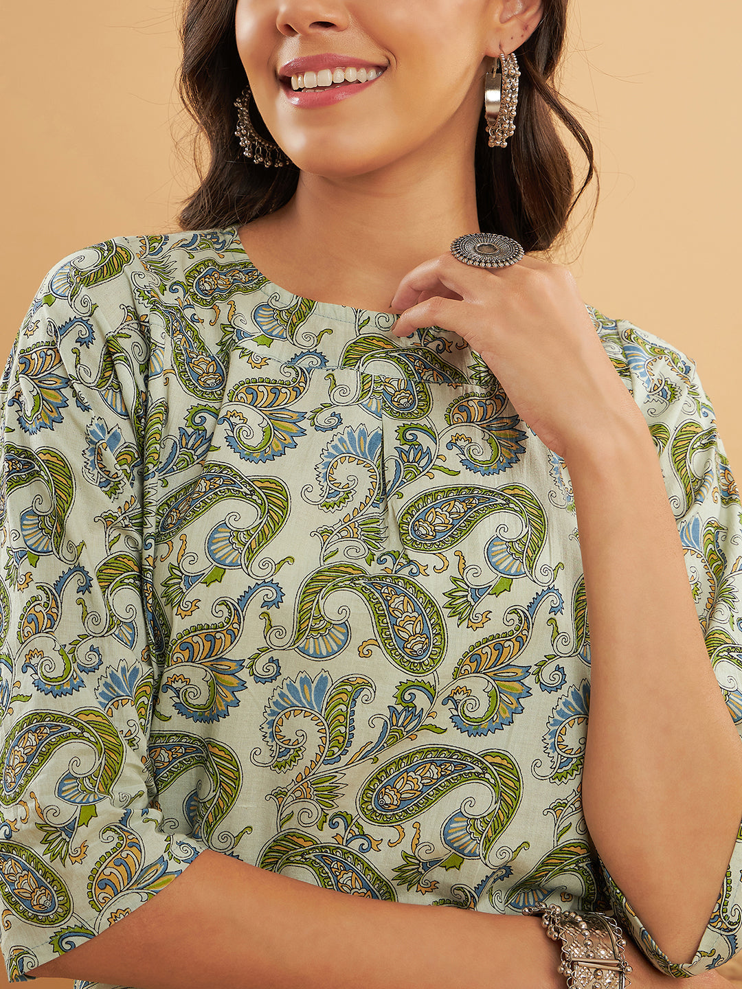 InWeave Women's Sage Green Paisley Print Top - Swadesiicart