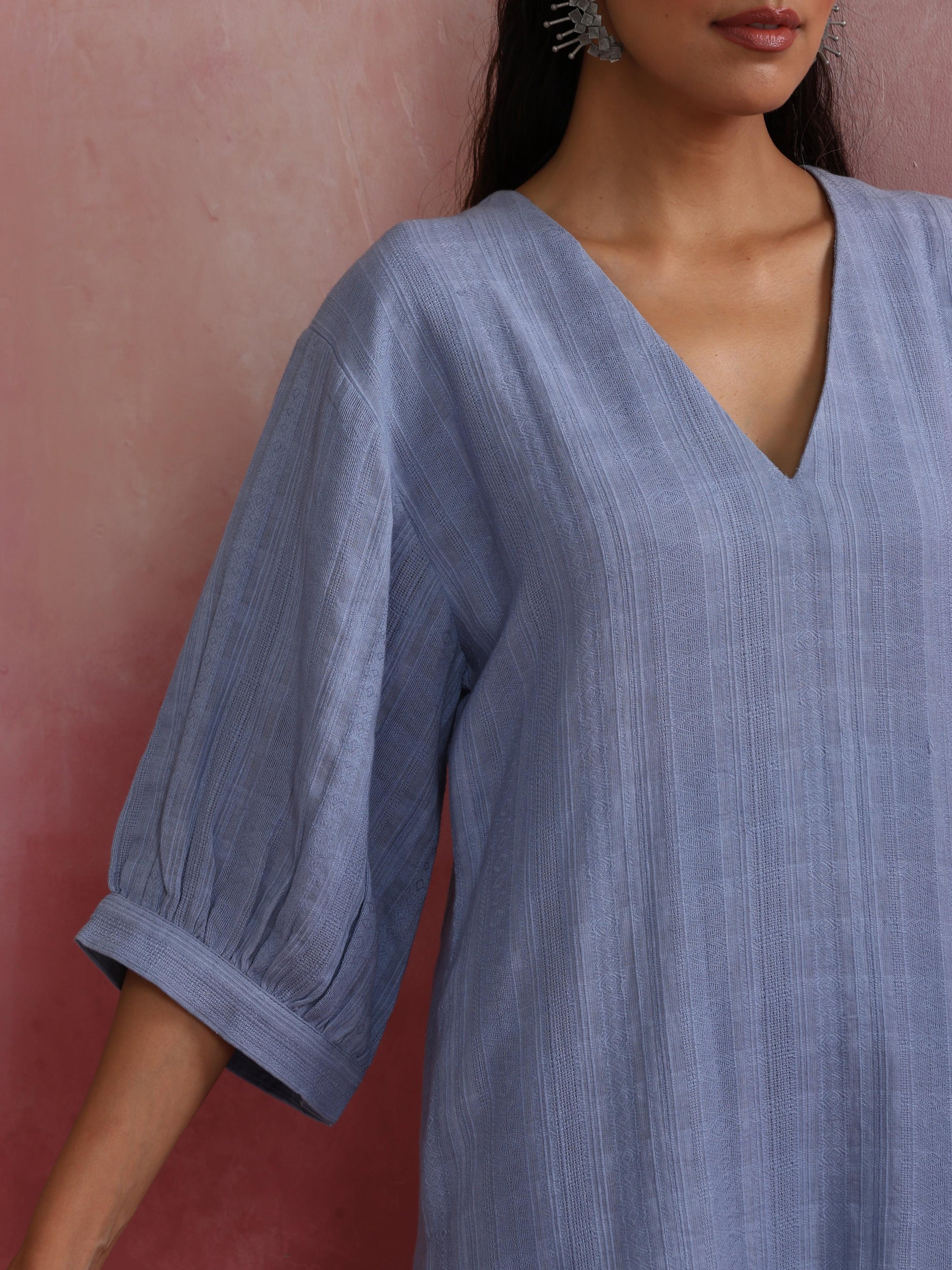 trueBrowns Sky Blue Cotton Dobby Dress | Swadesiicart