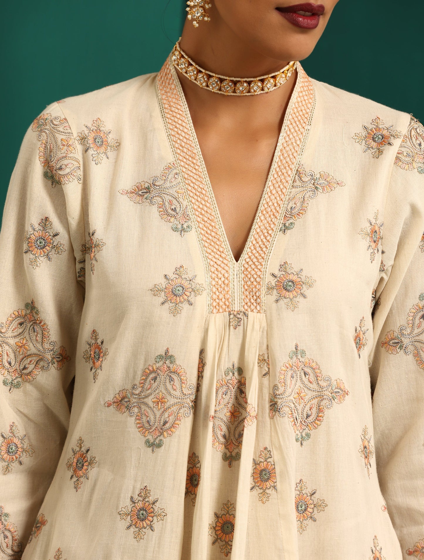 trueBrowns Ivory Peach Cotton Front Gathered Kurta Pant Set | Swadesiicart