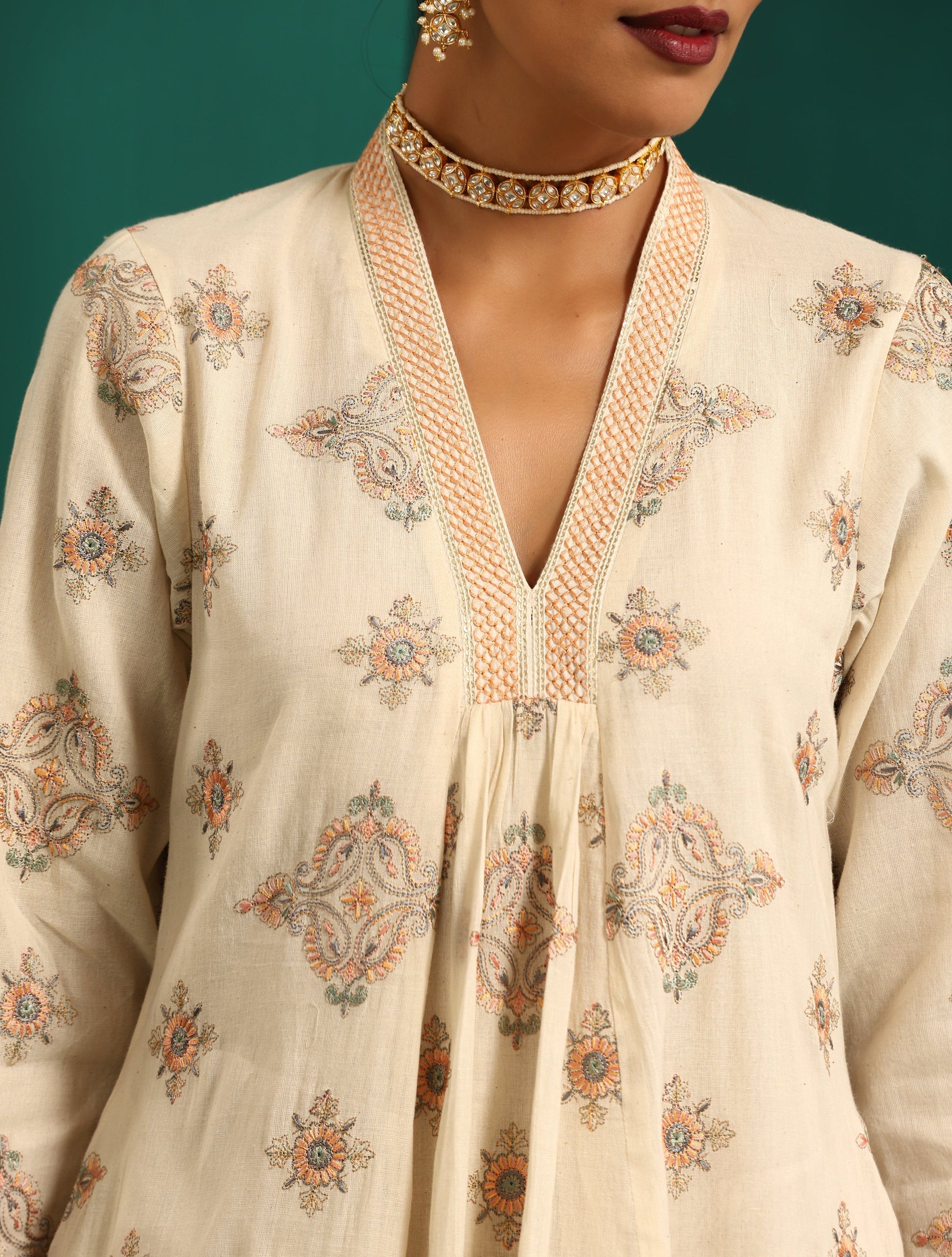 trueBrowns Ivory Peach Cotton Front Gathered Kurta Pant Set | Swadesiicart