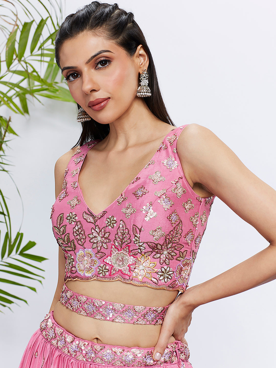 House of Panchhi Lime Green Chiffon Sequins And Thread Embroidery Lehenga Choli & Dupatta | Swadesiicart