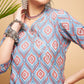 InWeave Women's Blue Pink Print Angrakha Style Straight Kurta Pant Set - Swadesiicart