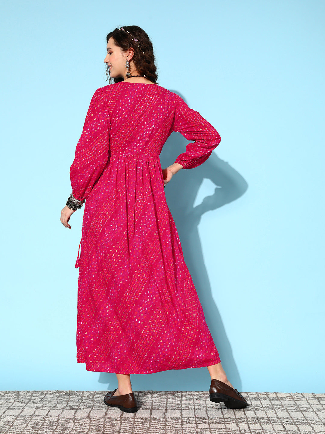InWeave Women's Maroon Ethnic Print Wrapped Long Dress - Swadesiicart