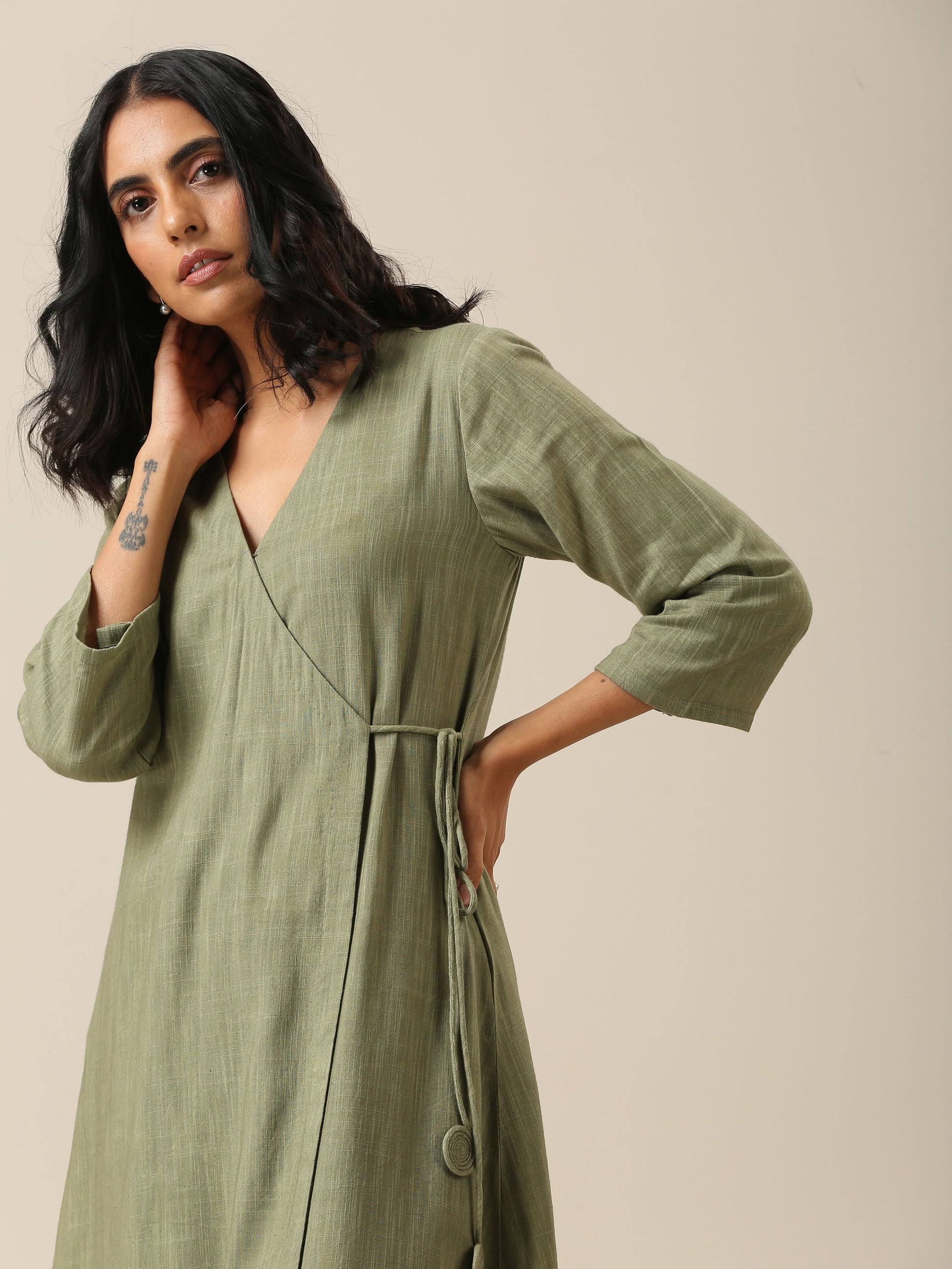 trueBrowns Sage Slub Texture Angrakha Pant Set | Relove | Swadesiicart