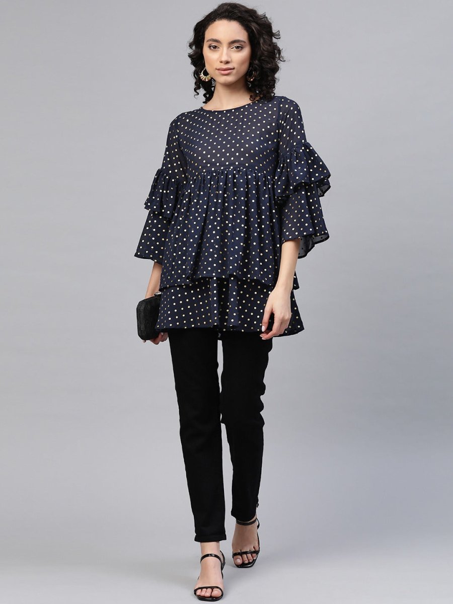 Ahalyaa Women Navy Blue & Golden Polka Dots Print Tiered Beautiful Tunic | Swadesiicart