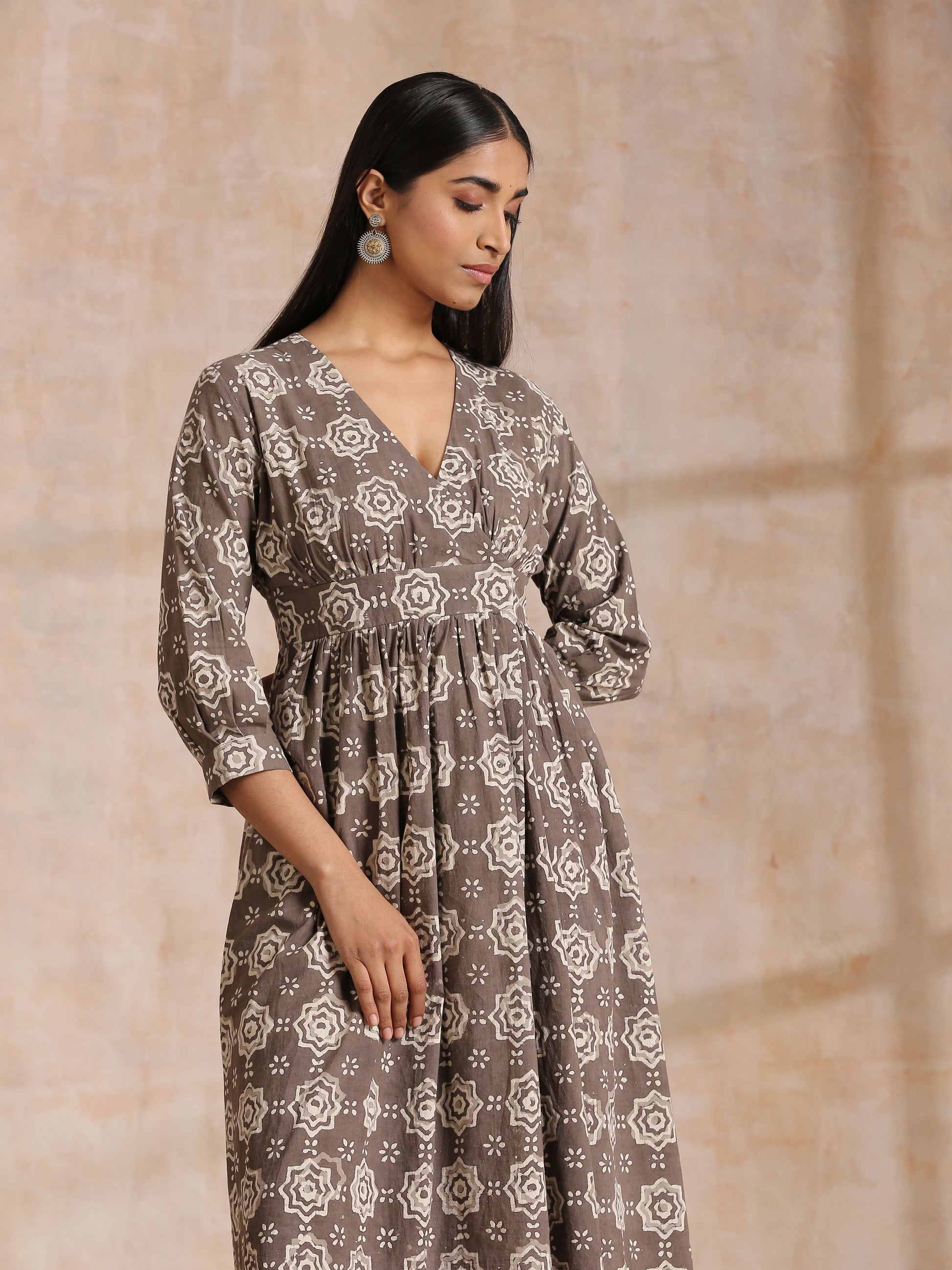 trueBrowns Clay Dabu Overall Print Cotton Wrap Dress | Swadesiicart
